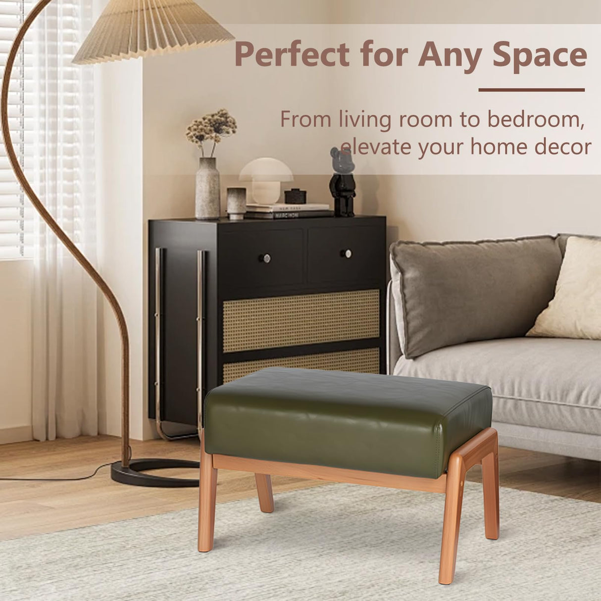 ACONUP Modern Ottoman Foot Stool, Faux Leather Accent Sofa Footrest with Walnut Rubber Wood Frame, Ottoman Bench for Living Room Entryway Bedroom Sofa Seat, Hunter Green ACONUP