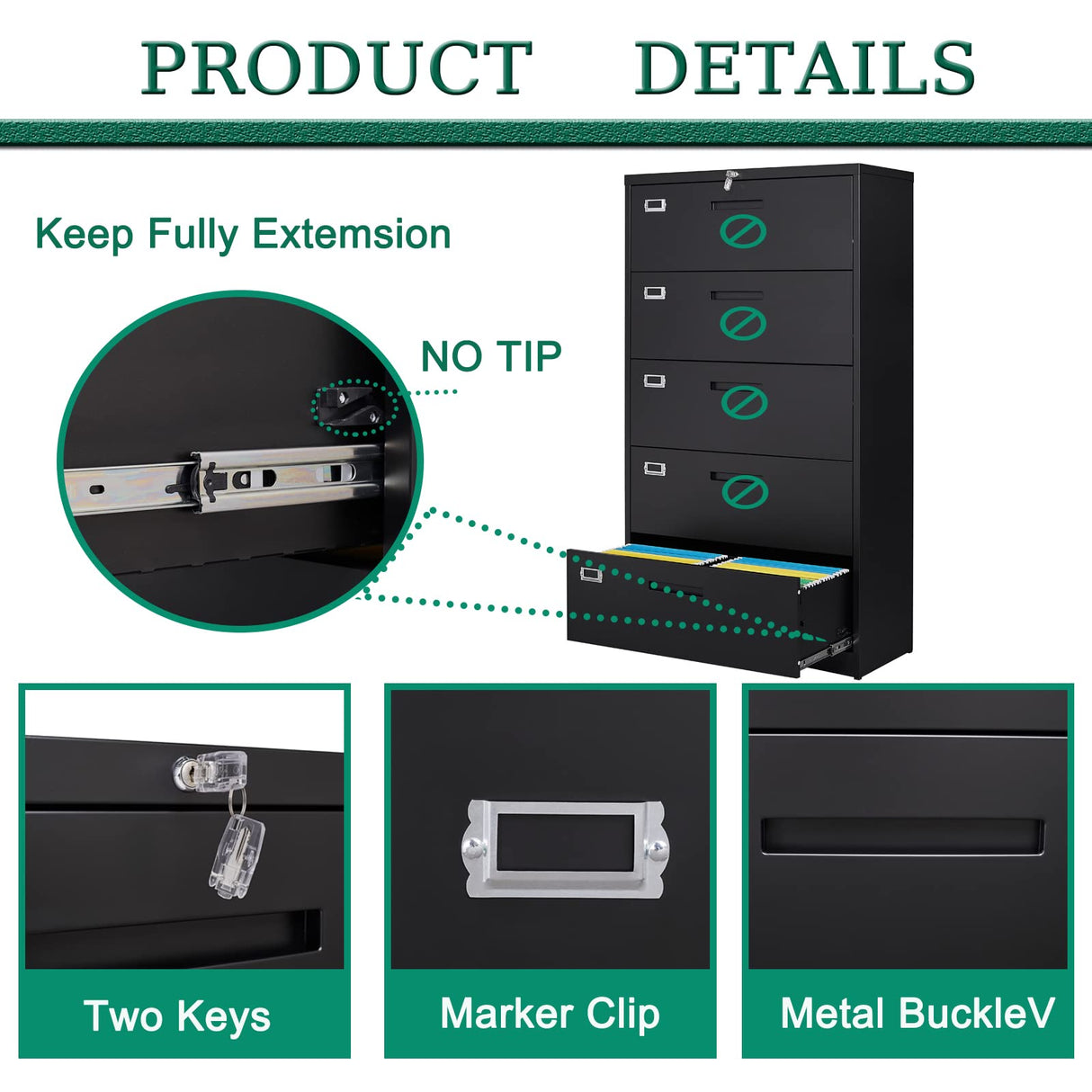 Letaya 5 Drawer File Cabinet with Lock,Metal Lateral Filing Cabinets for Home Office Hanging Files Letter/Legal/F4/A4 Size(Black-Requires Installation) Letaya