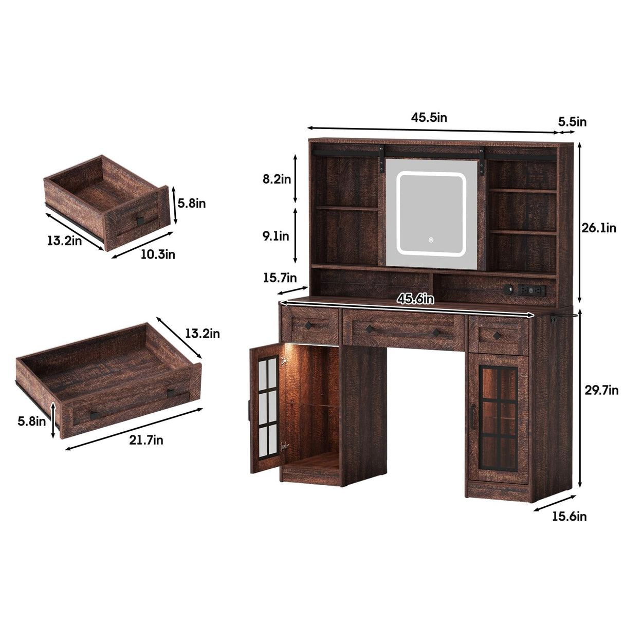 Fameill 45.5'' Farmhouse Makeup Vanity Desk with Sliding Mirror, Vanity Table with 3 Drawers and 2 Cabinets, Charging Station & LED Lights, Storage Shelves, Stool Included, Dressing Table for Bedroom Fameill