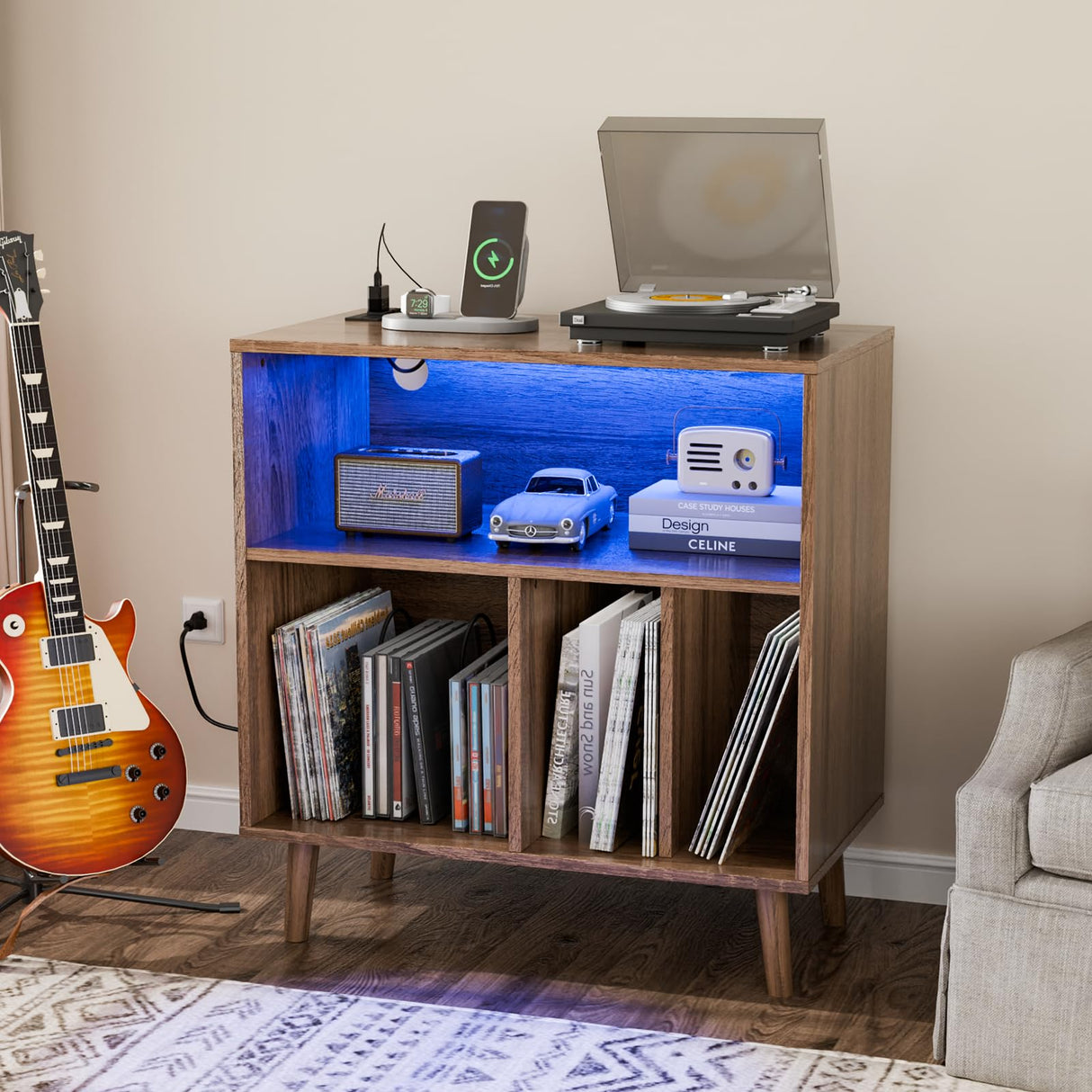 VINGLI Record Player Stand with Open Vinyl Storage, Mid-Century Album Storage Table with LED Light up to 300 Albums, Vinyl Record Player Shelf with Power Outlet for Living Room, Walnut VINGLI
