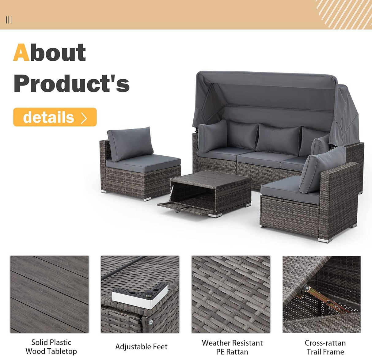 HOMREST 6 Pieces Patio Furniture Sets, Outdoor Daybed with Canopy, Rattan Outdoor Sectional Sofa Set with Adjustable Backrest, Chaise Chair Sunbed for Garden Poolside Backyard(Gray) HOMREST