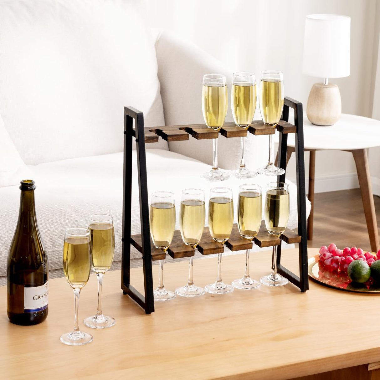 MyGift 2 Tier Rustic Brown Solid Wood Champagne Flute Stand with Industrial Matte Black Metal Frame, Tabletop Stemware Display Rack Fits up to 9 Inch Tall Glasses, Set of 2 MyGift