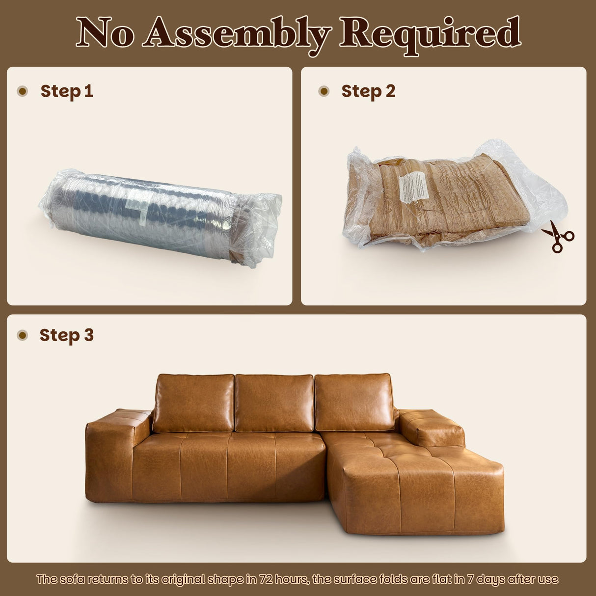 114" Boneless Couches for Living Room, Brown Faux Leather Cloud Sectional Couches with Chaise, Deep Seat L Shaped Modular Sofa, No Assembly Required Sofas in a Box (Right,Faux Leather,Brown) weaxty W