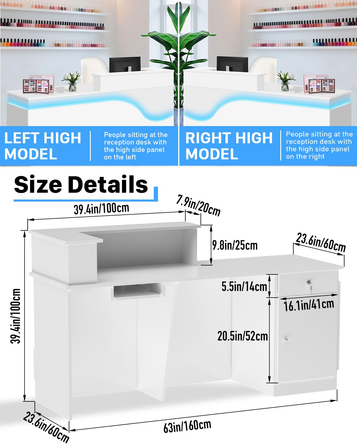Gguileb Front Desk Solid Wooden Modern Reception Desk with Counter & Lockable Drawers & Cabinets, Retail Checkout Counters for Checkout/Office/Beauty Salon/Store (White-Right, 63×23.6×39.3″) Gguileb