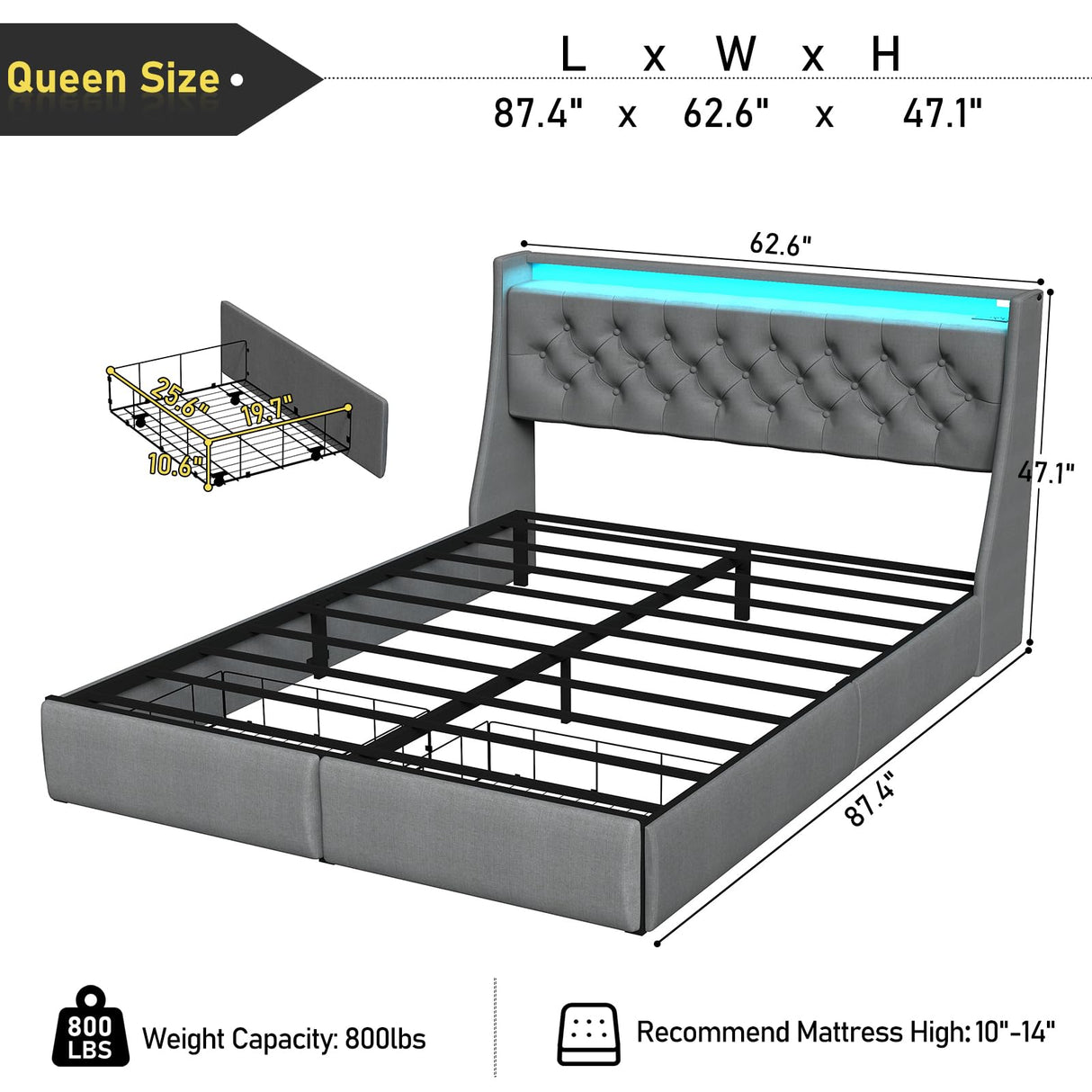 SADENICEL Queen Bed Frame with Storage Headboard and 2 Drawer, Metal Queen Size Bed Frame Platform with LED Light, Charging Station, No Box Spring Needed, Noise Free, Easy Assembly, Grey SADENICEL
