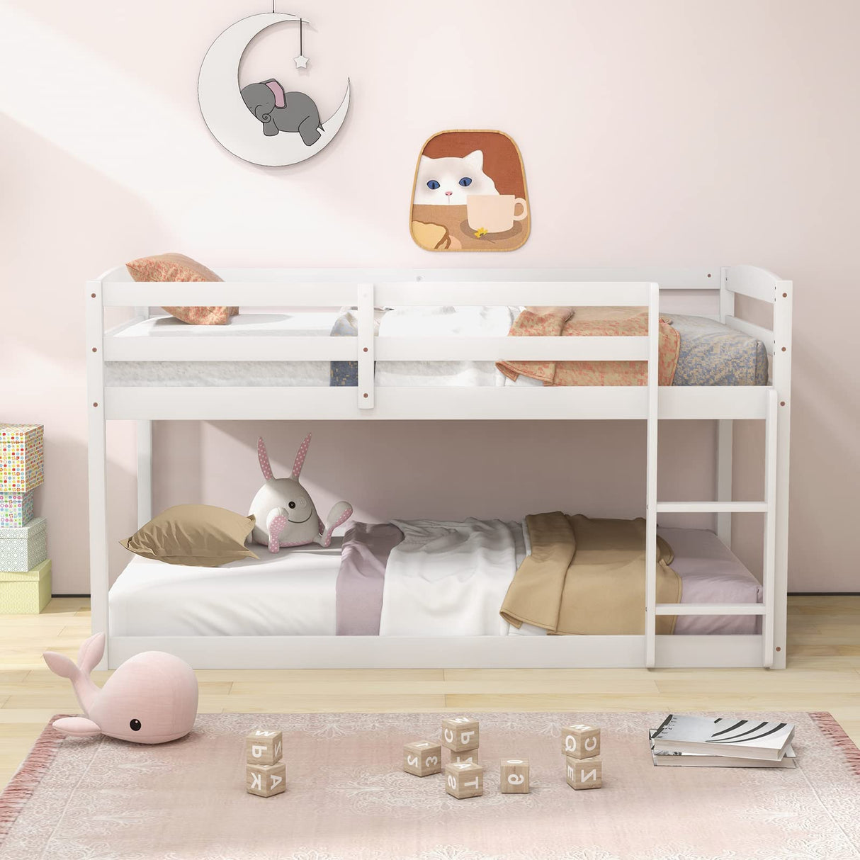Giantex Twin Low Bunk Bed Frame - Solid Wood Twin Over Twin with Full Guardrails & Integrated Ladder, Space-Saving Design, White Giantex