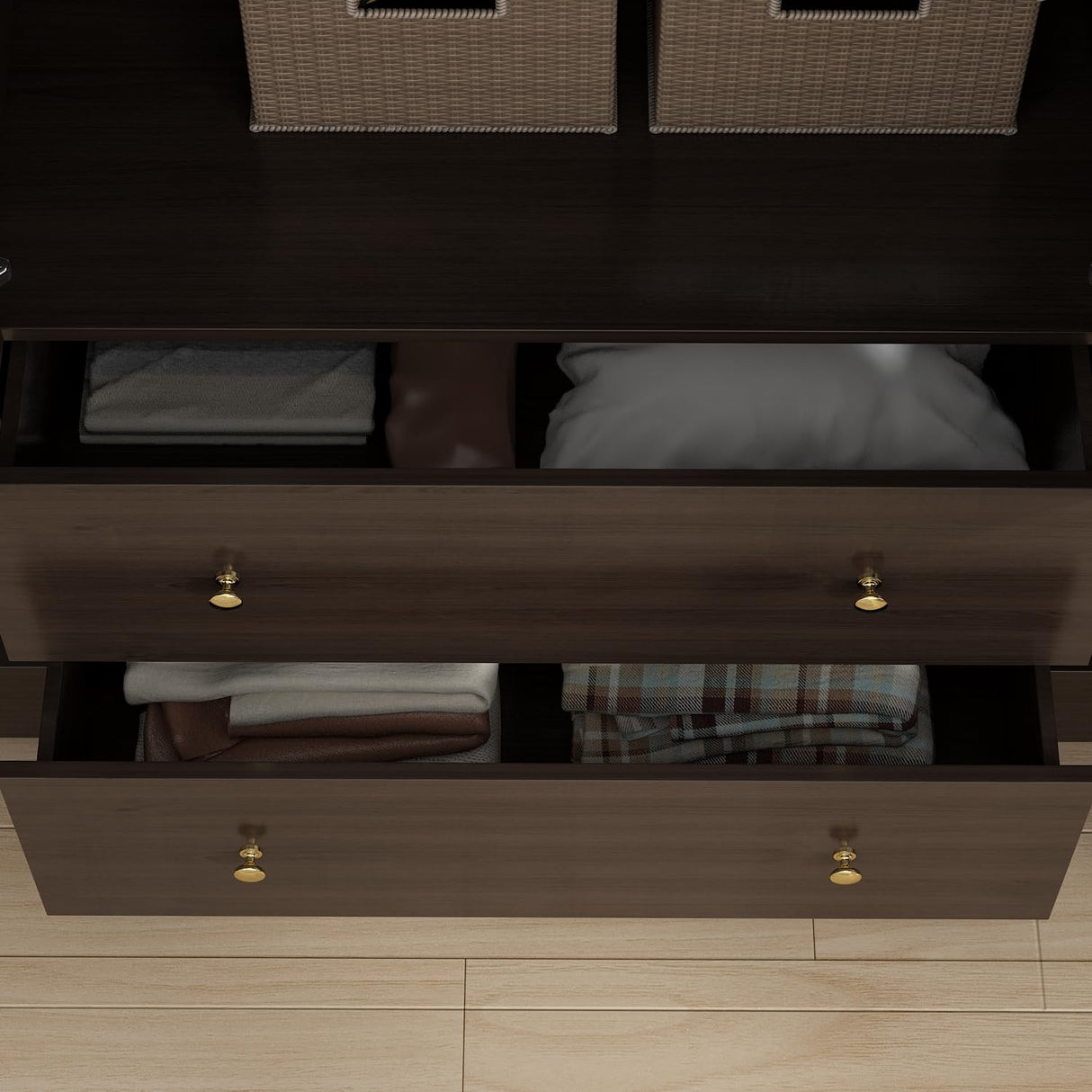 ECACAD Dark Brown Wardrobe Armoire with Mirror, 5-Tier Shelves, 2 Drawers, 2 Hanging Rods and 4 Doors, Wooden Closet Storage Cabinet for Bedroom (63”W x 19.7”D x 70.9”H) ECACAD