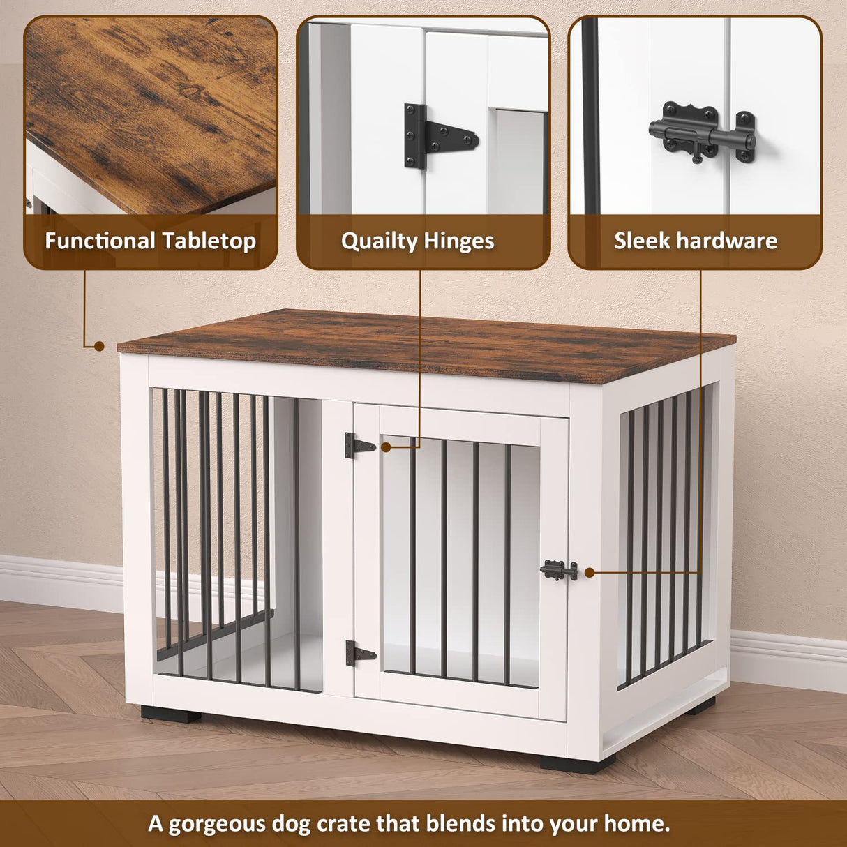 Zakkart White Dog Crate Furniture for Large Dogs Up to 60 lbs. - Decorative Puppy Kennel w/Wide Farmhouse Table Top & Steel Bars - 37'' Wide - Modern Dog Crate Table, End Table, Nightstand Zakkart