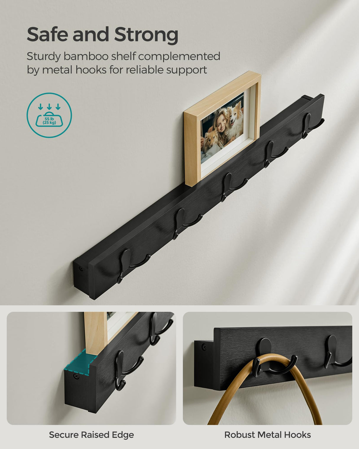 SONGMICS Coat Rack Shoe Bench Set, 3-Tier Bamboo Shoe Rack Bench, Multifunctional, 5 Double Metal Hooks, for Entryway, Hallway, Bedroom, Ink Black ULCR004B01V1 SONGMICS