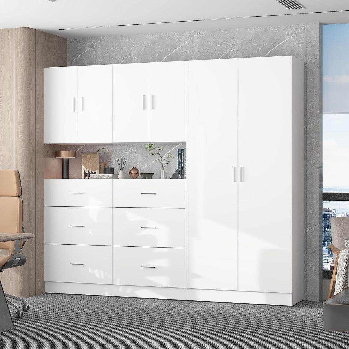 ROMSHINE Large Garage Storage System with 6 Drawers, 3-Piece Workshop Cabinet Set with Wall Mounted Storage, Utility Bookshelf Pantry Cabinet for Home Office Shopping Malls Retail Console, White ROMSHINE