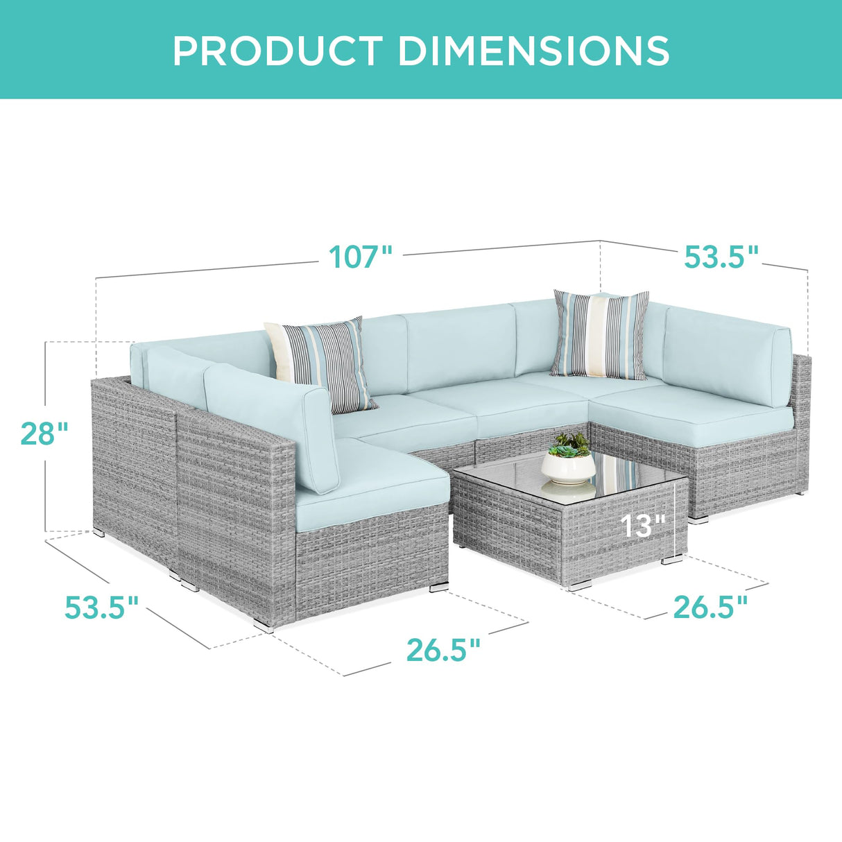 Best Choice Products 7-Piece Modular Outdoor Sectional Wicker Patio Conversation Set w/ 2 Pillows, Coffee Table, Cover Included - Gray/Pastel Blue Best Choice Products