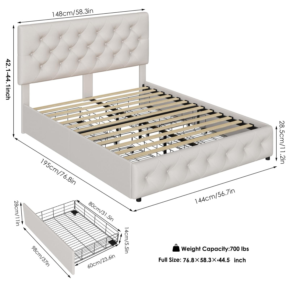 Full Size Bed Frame with 4 Storage Drawers and Adjustable Headboard, Upholstered Platform Bed with Button Tufted Design, Strong Wooden Slats Support, No Box Spring Needed, Fabric, Cream TTVIEW