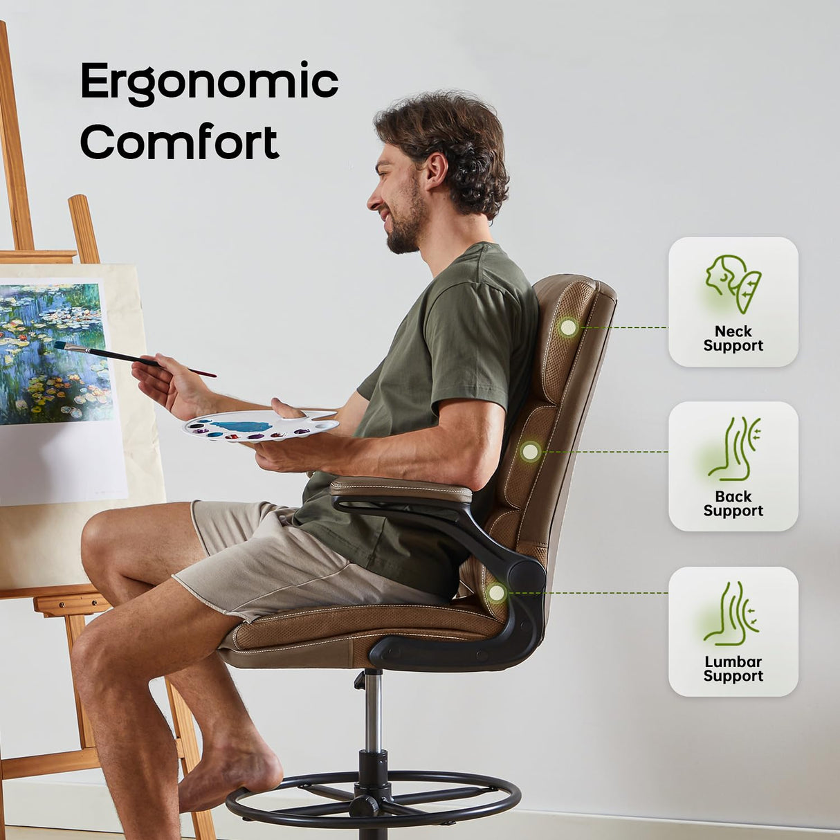 Drafting Chair Tall Office Chair with Padded Flip-up Armrests Executive Ergonomic Computer Standing Desk Chair with Comfortable Leather Backrest and Adjustable Footrest Ring (Tan) amseatec