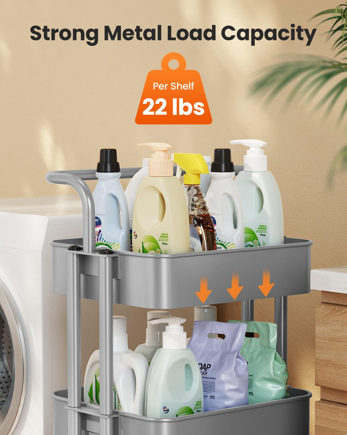 Pipishell 3 Tier Mesh Utility Cart, Rolling Metal Organization Cart with Handle and Lockable Wheels, Multifunctional Storage Shelves for Kitchen Living Room Office Grey Pipishell