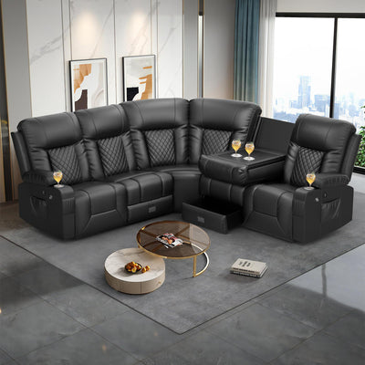 FURNIMAT Reclining Sectional Sofa Set for Home Theater Seating, 5 Seater L Shaped Sectional Reliner Couch with 2 Flip Back Console & Storage Drawer, USB Ports, Cup Holder, Cell Phone Holder, Black
