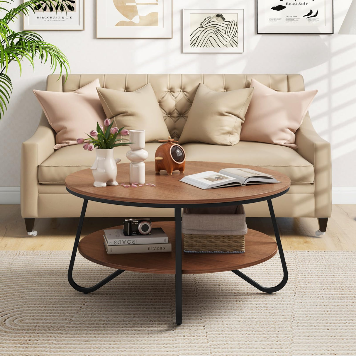 Giantex 2-Tier Round Coffee Table, 33.5" Wood Coffee Table with Open Storage Shelf & Heavy-Duty Steel Frame, Rustic Circle Coffee Table, Mid-Century Center Table for Living Room, Office, Walnut Giantex