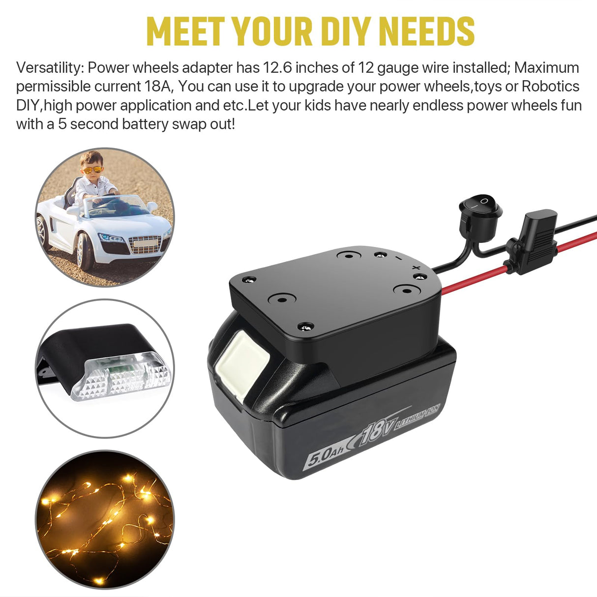 Ensayeer Power Wheel Adapter with Fuse & Switch, Secure Battery Adapter for 18V Lithium Battery, with 12 Gauge Wire, Good Power Convertor for DIY Ride On Truck, Robotics, RC Toys and Work Lights Ensayeer