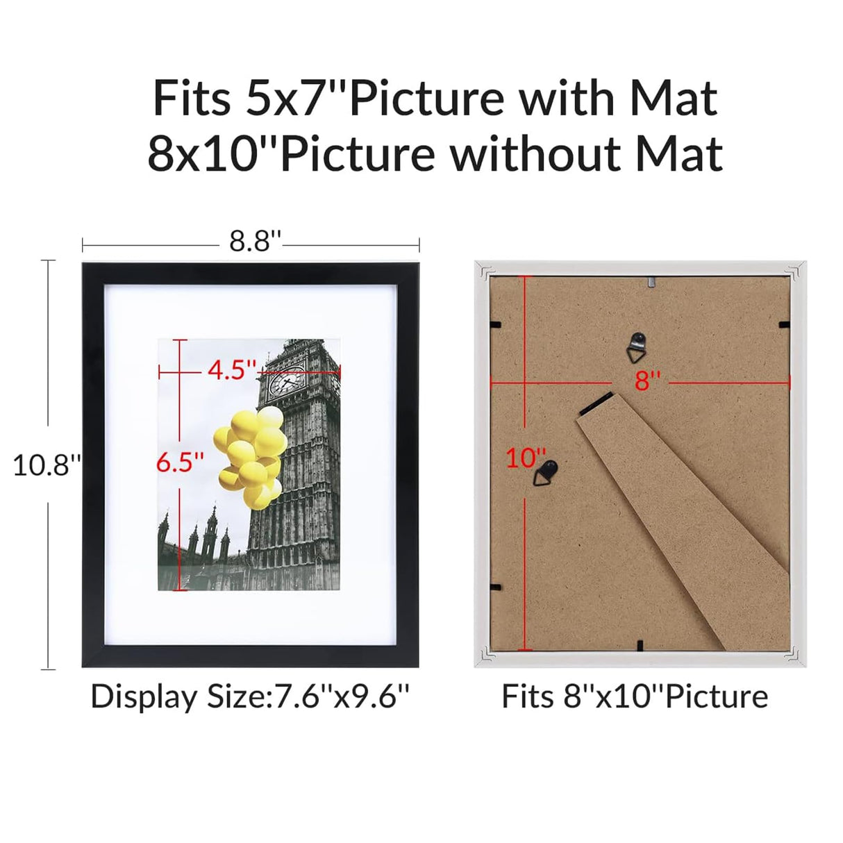 BSRHOME 8x10 Picture Frame Set of 6, Display Pictures 5x7 with Mat or 8x10 Without Mat for Tabletop Display and Wall Mounting, Black BSRHOME