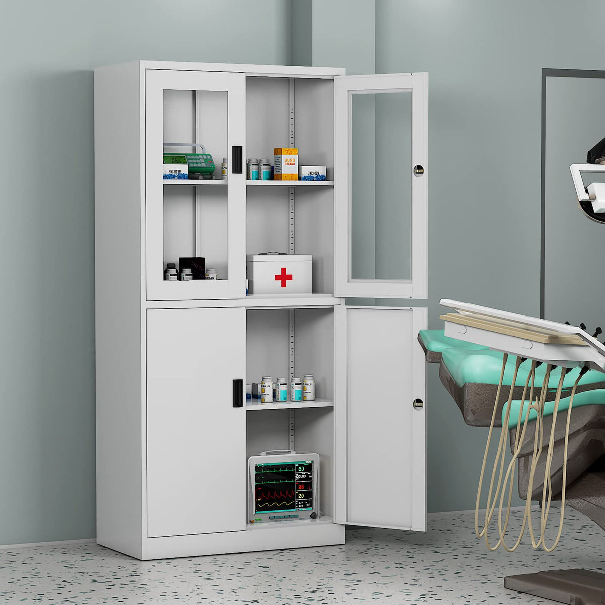 MIIIKO Metal Storage Cabinet with Glass Doors, 2 Tier White Steel Cabinet with Adjustable Shelves and Locking Doors, for Home Office, School and Hospital MIIIKO