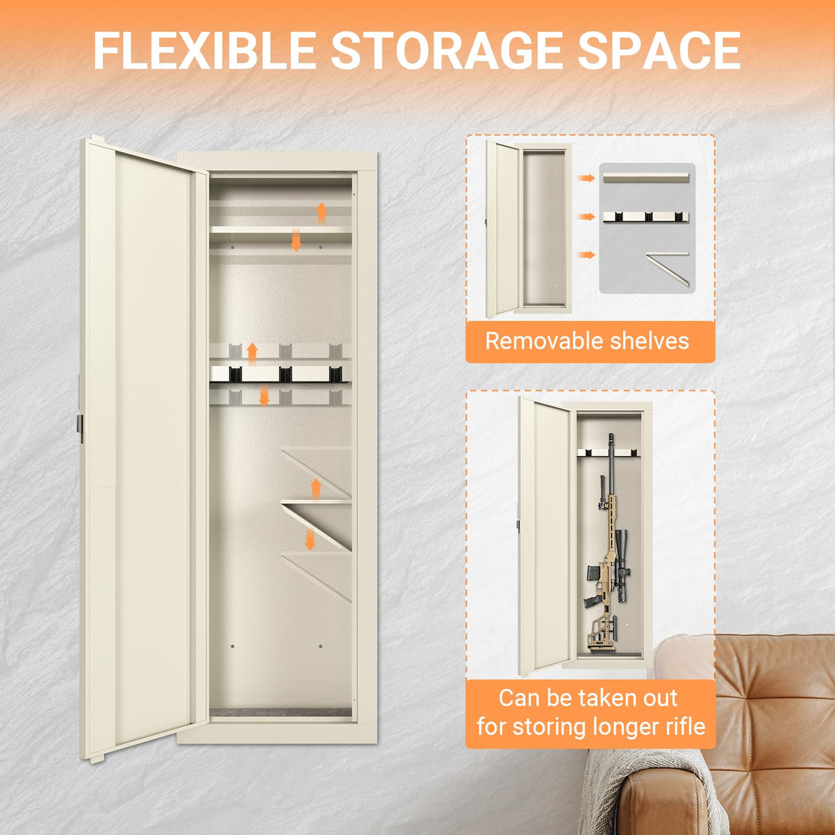 Zevemomo 53'' Tall Wall Safe, Gun Cabinets for Rifles and Shotguns with 2 Removable Shelves and Adjustable Gun Rack, in Wall Gun Safe between Studs for Gun, Money, Beige Zevemomo