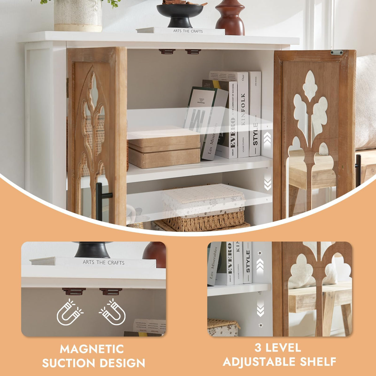 WINWY 30" Farmhouse Sideboard Buffet Credenza Cabinet, Decorative Accent Cabinet with 2 Carved Arched Glass Doors & Adjustable Shelf, Rustic Wooden Storage for Kitchen, Living Room(White,Set of 3) WINWY