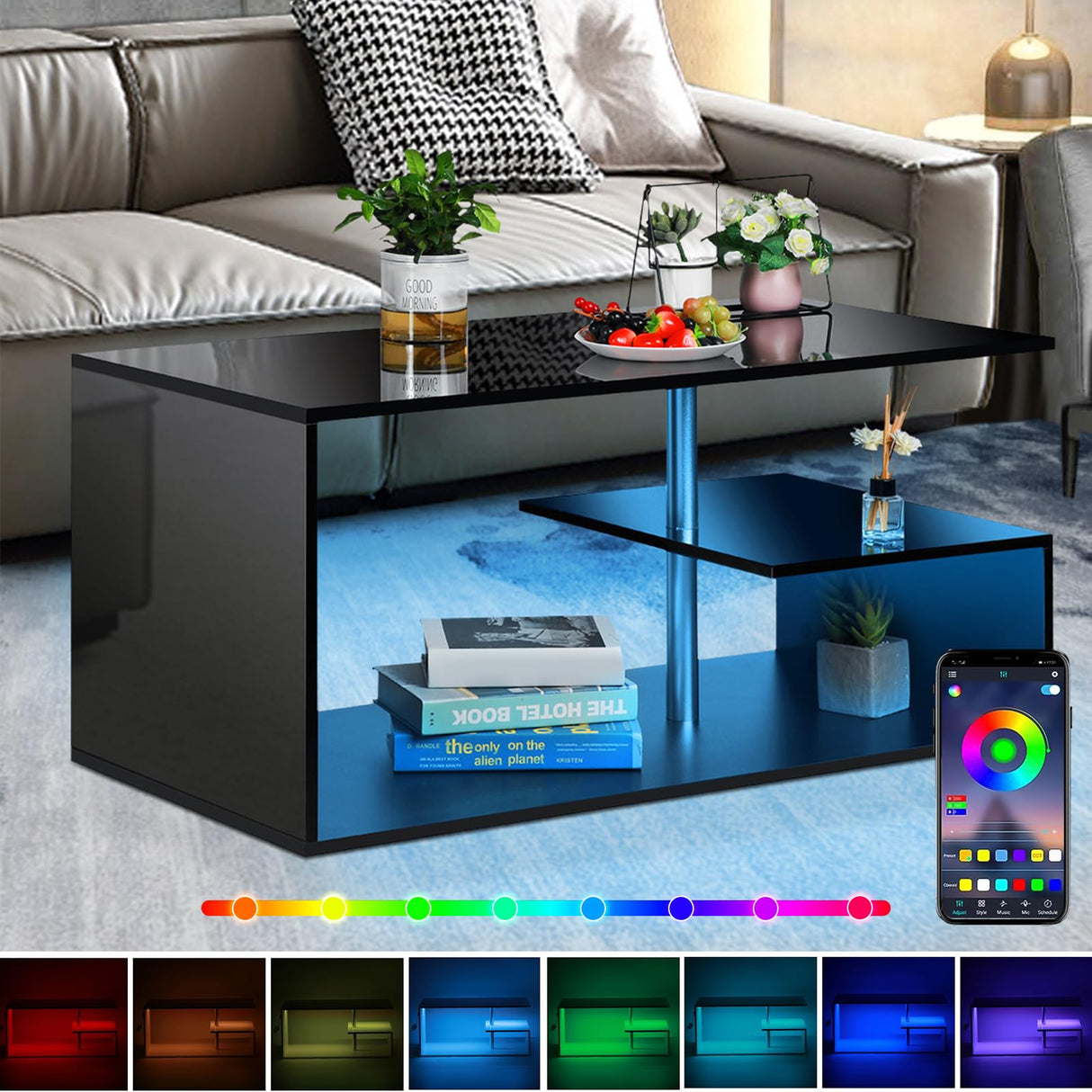 HOMMPA LED Coffee Tables for Living Room Modern Black Coffee Table with 3 Tiers Open Storage Shelf High Gloss Center Table Sofa Tea Table with LED Lights for Home Office Furniture Black HOMMPA