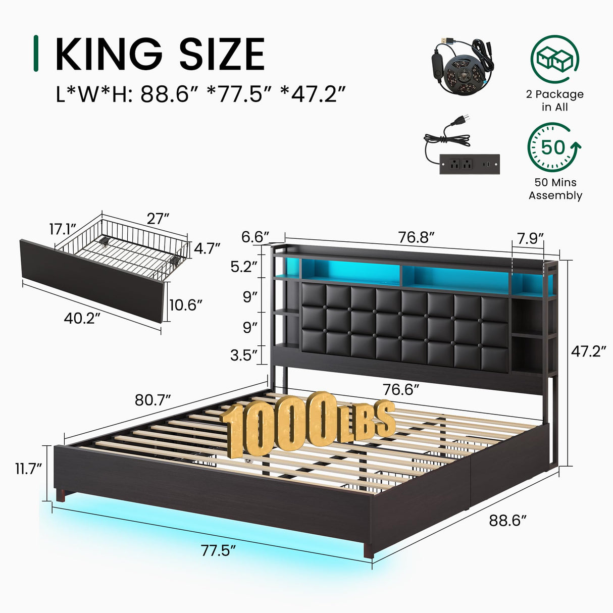 LARMACE King Size Bed Frame with 4 Storage Drawers and Bookcase Headboard, Faux Leather Upholstered, Wooden Platform Bed Frame with Charging Station and LED Lights, No Box Spring Needed, Black LARMACE