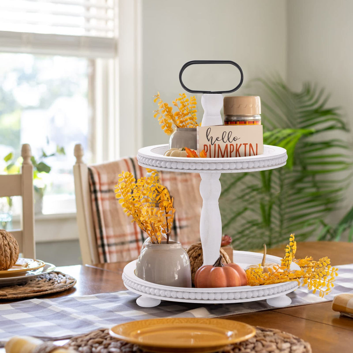 Urban Deco Wooden Decorative Tray Two Tiered Trays Decorations Round Serving Tray with Metal Handle, Wooden Cupcake Stand for Party Tiered Dessert Stand - Retro White Farmhouse Wood Tray Urban Deco