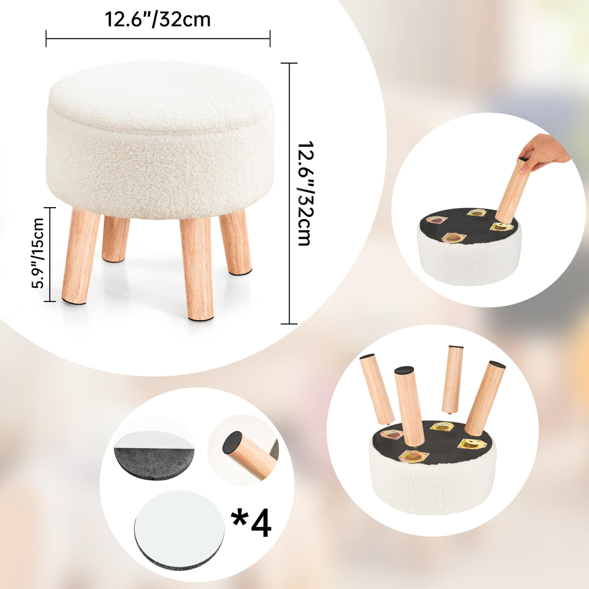 Poofzy Small Ottoman with Storage, Small Foot Stool Ottoman with Wood Legs, Sherpa Foot Rest for Couch, Living Room and Bedroom - White Poofzy
