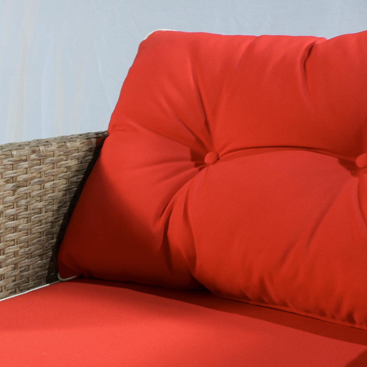 Outsunny 5 Pieces Rattan Wicker Lounge Chair Outdoor Patio Conversation Set with 2 Cushioned Chairs, 2 Ottomans and Tempered Glass Top Coffee Table, Brown/Red Outsunny