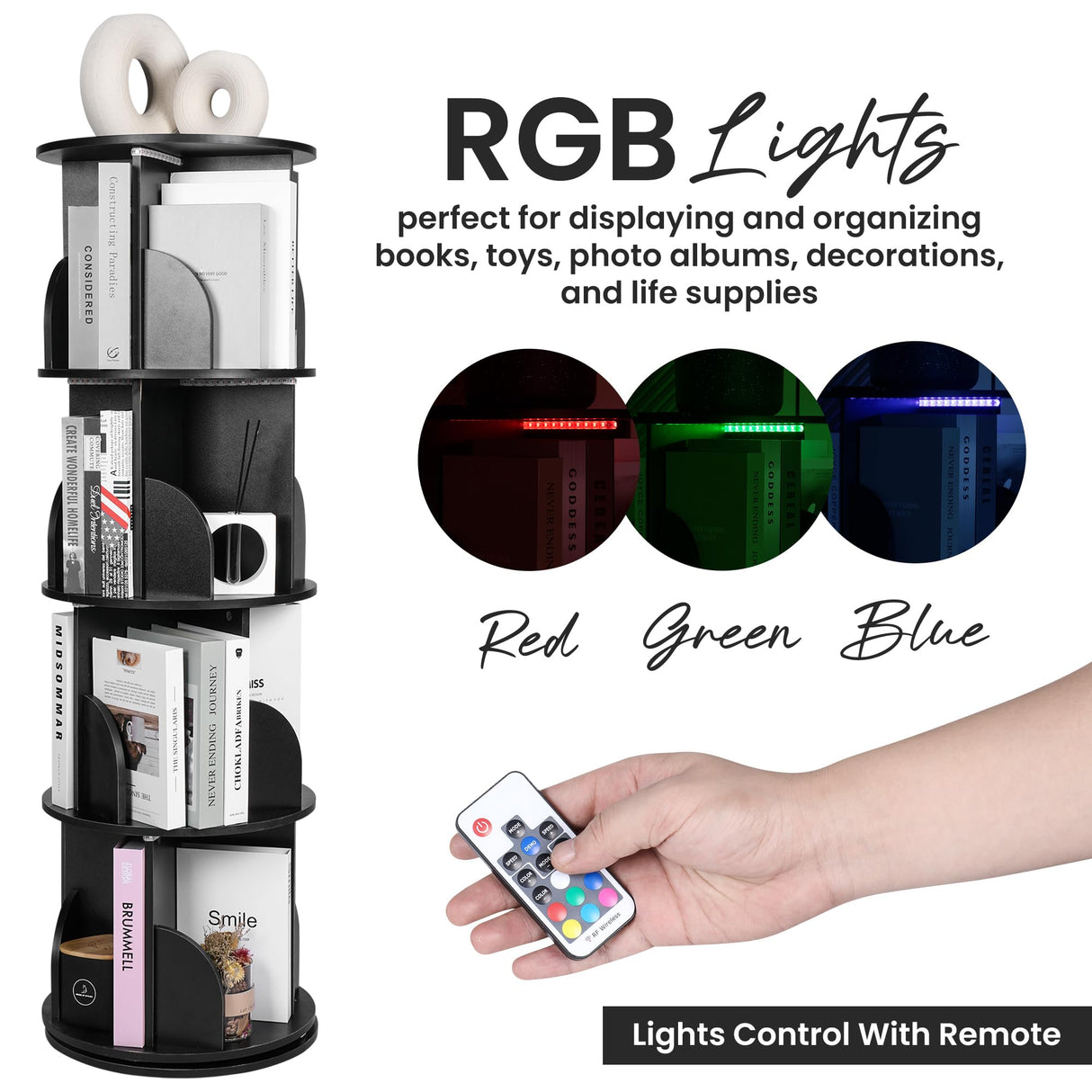 Black Rotating Book Shelf with LED Lights Generic