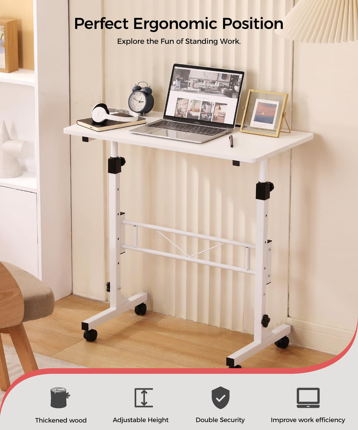 KLSMYHOKI Small Standing Desk Adjustable Height, Mobile Sit Stand up Desk Portable Rolling Desk with Wheels Standing Desk for Walking pad Treadmill White KLSMYHOKI