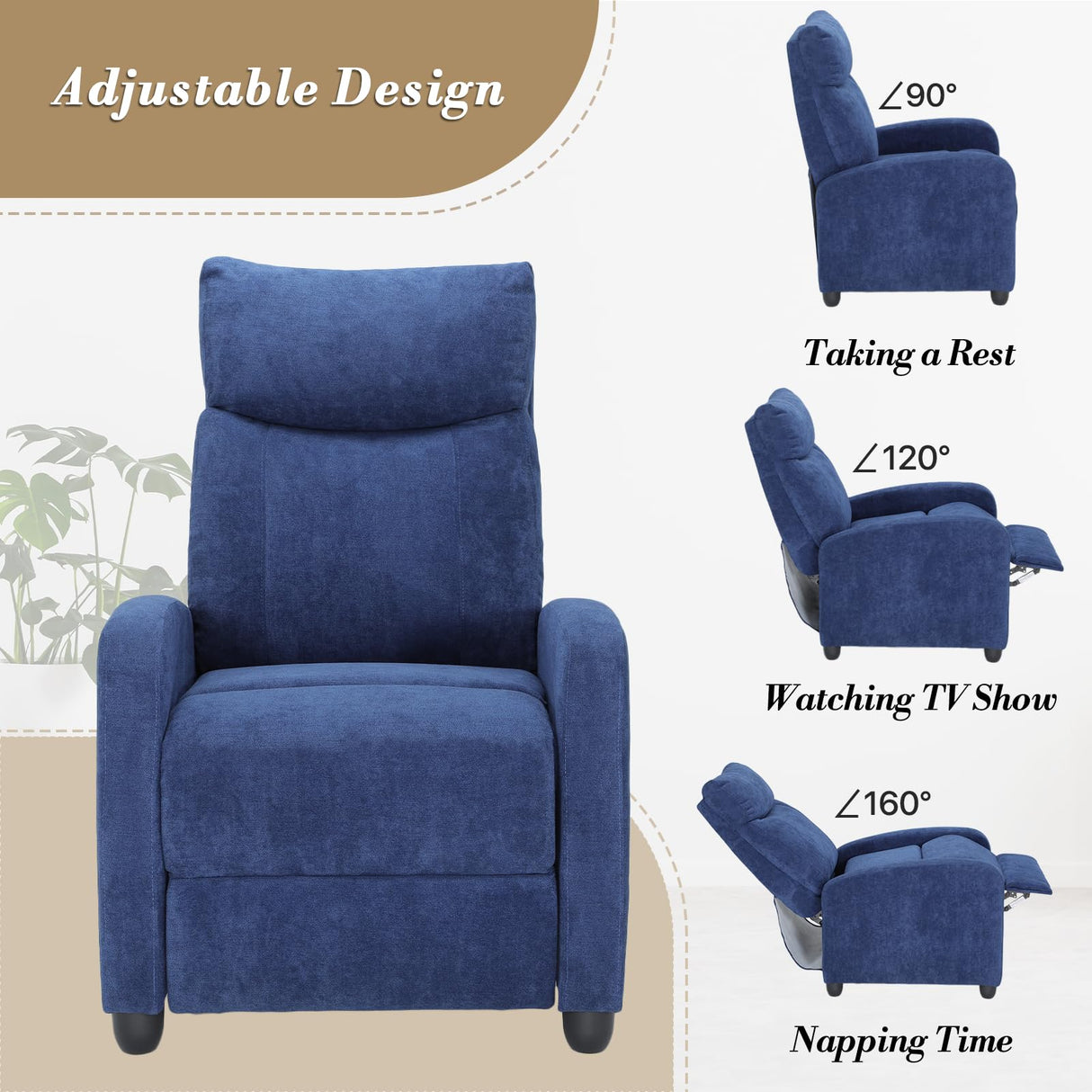 Athena Collection Recliner Chair, Reclining Lounge Chair with Adjustable Backrest and Footrest for Adults, Linen Upholstered Small Recliner Single Sofa for Small Space, Living Room, Bedroom, Blue Athena Collection