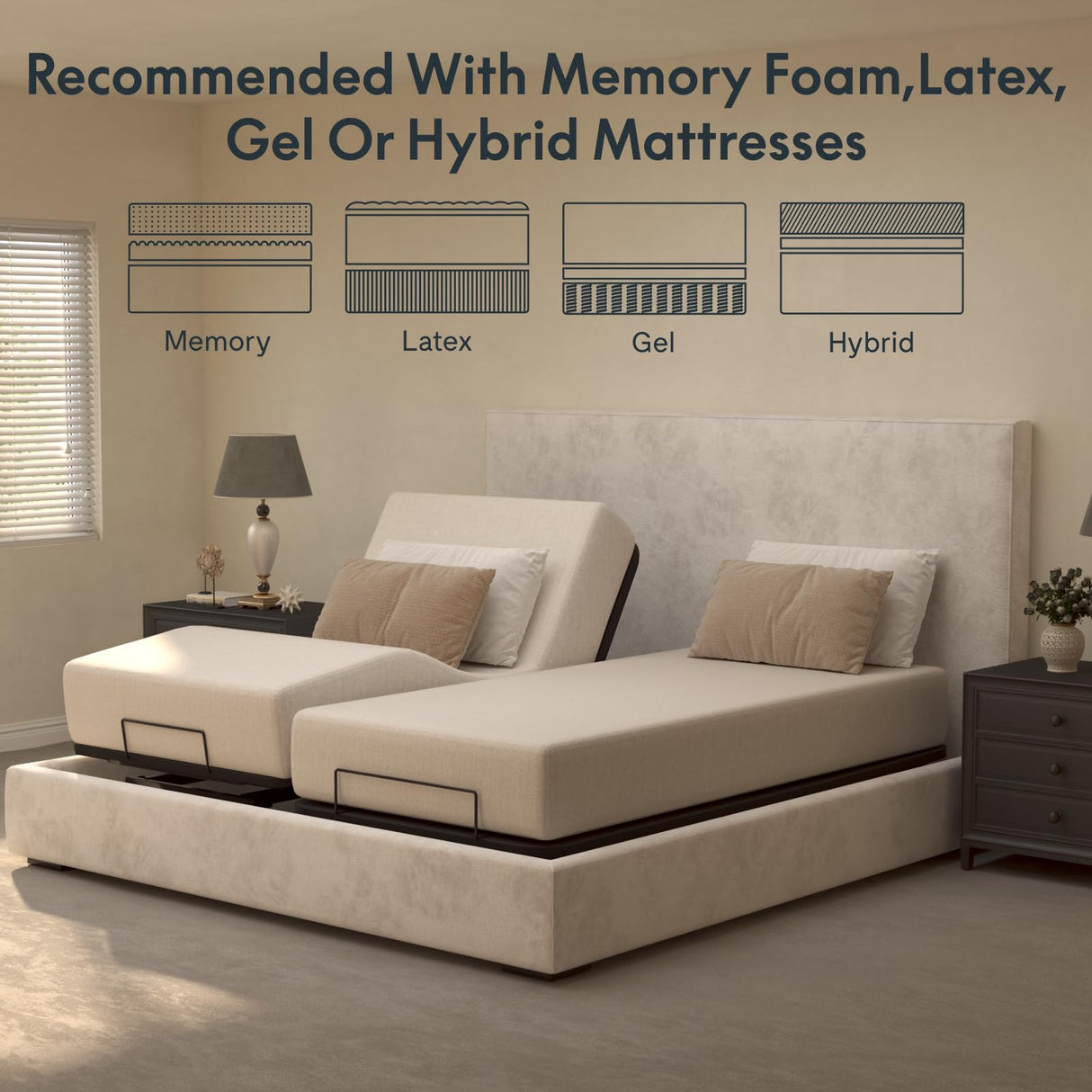 FLEXISPOT Adjustable Bed Frame Base Split King,Segmented Design,Easy Assemble,Oxford Fabric Bedspread,Wired Remote,Whisper Quiet Durable Motor,Mattress Holder. FLEXISPOT