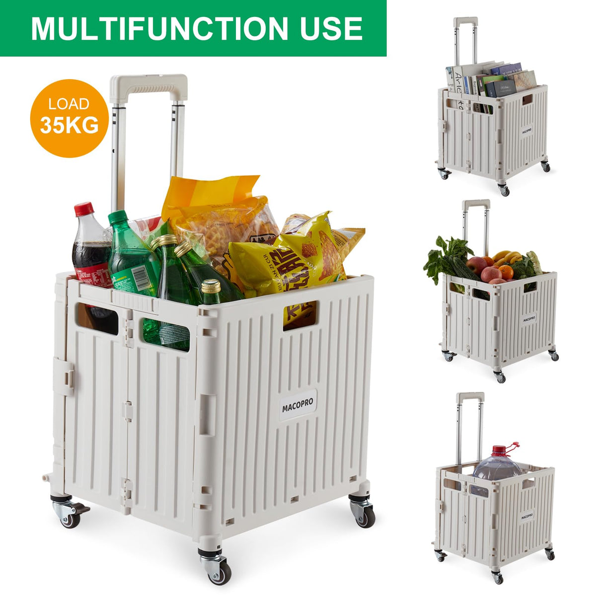 Foldable Utility Cart Folding Portable Rolling Crate Handcart with Durable Heavy Duty Plastic Telescoping Handle Collapsible 4 Rotate Wheels for Travel,Shopping, Luggage, Office, Teacher(White) MACOPRO