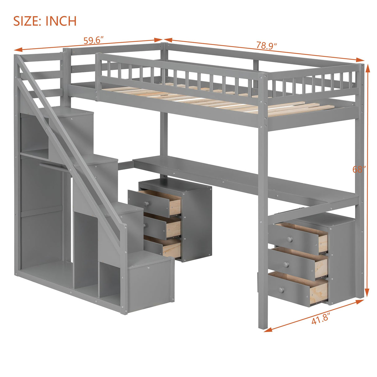 Merax Twin Size Wood Loft Bed with Desk, Stairs & Storage, Space Saving Bed with Lights, 2 Drawers, Guardrails, 220LBS Capacity, Gray Merax