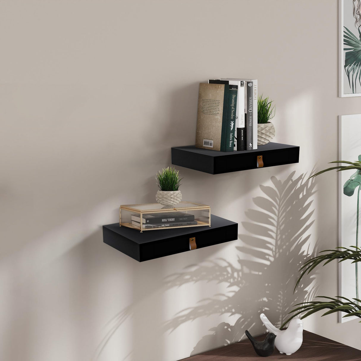 Floating Shelf with Drawer, Floating Nightstand for Bedroom-16” Wall Shelf, White Floating Shelf with Storage, Floating Shelf-Office Bathroom Kitchen Floating Bedside Table,16"D x 10"W x 2.5"H(Black) Bloddream