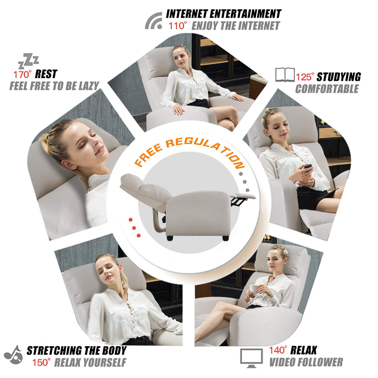 FDW Recliner Chair Home Theater Seating Reclining Sofa Push Back Recliner with Lumbar Support and Fabric Padded Seat Backrest for Living Room (Fabric Beige) FDW