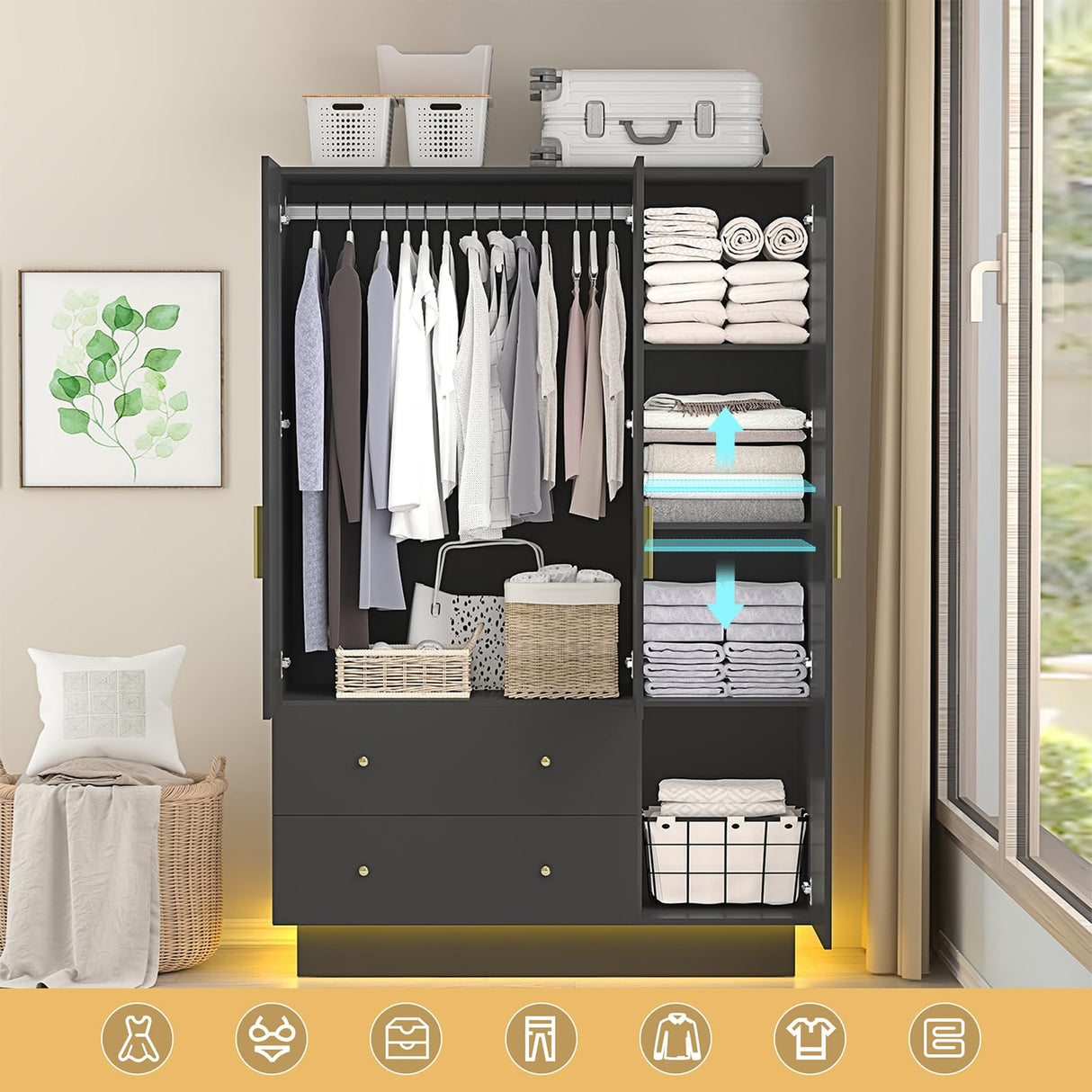 3 Doors Armoire Wardrobe Closet with Mirror, LED Armoire with Doors and Drawers, Wooden Wardrobe Storage Cabinet with Hanging Rod, Adjustable Shelves, Black chartustriable