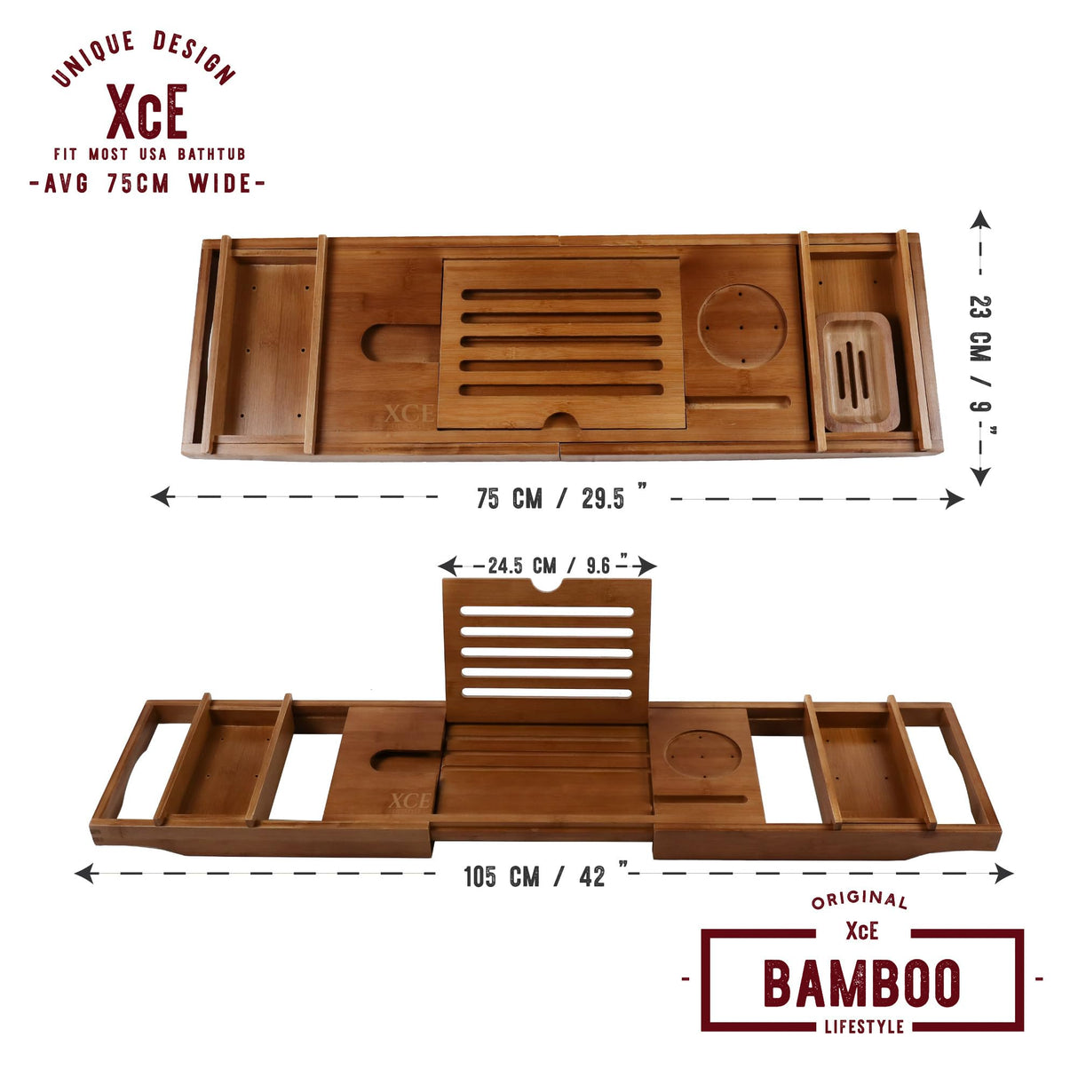 XcE Bathtub Caddy Tray Expandable to 105cm with Bamboo Book Stand and Soap Tray, Brown XcE