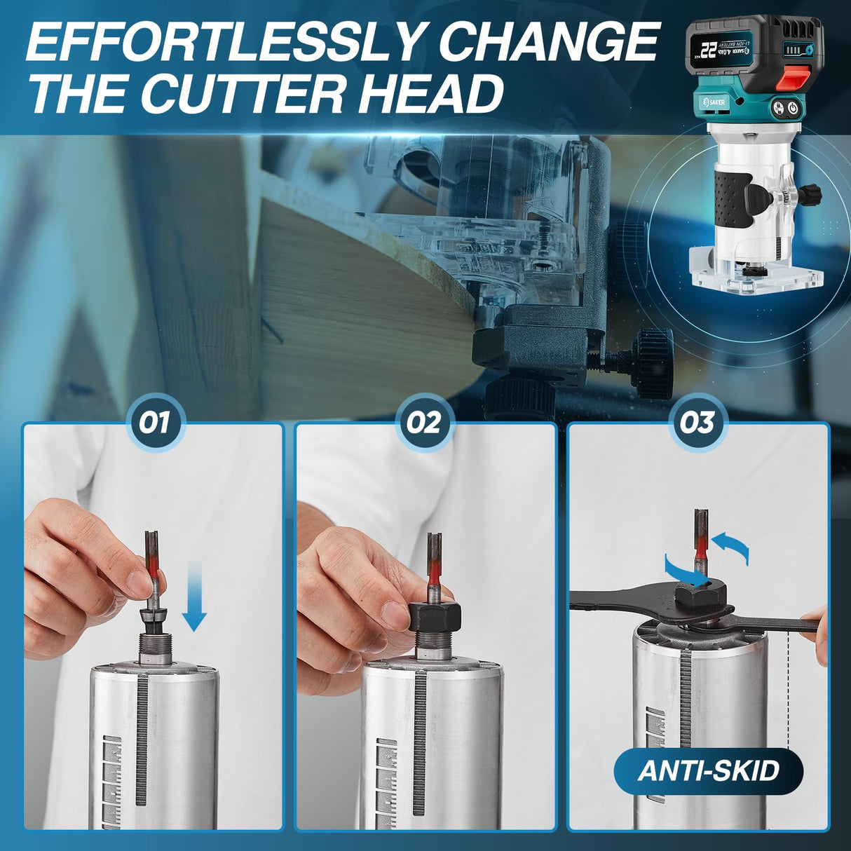 Saker Router Tool Cordless,Compact Router Tool,Wood Router for Woodworking,Lithium-Ion Brushless Motor for Edge Trimming with Adjustable Speed for DIY Projects Saker