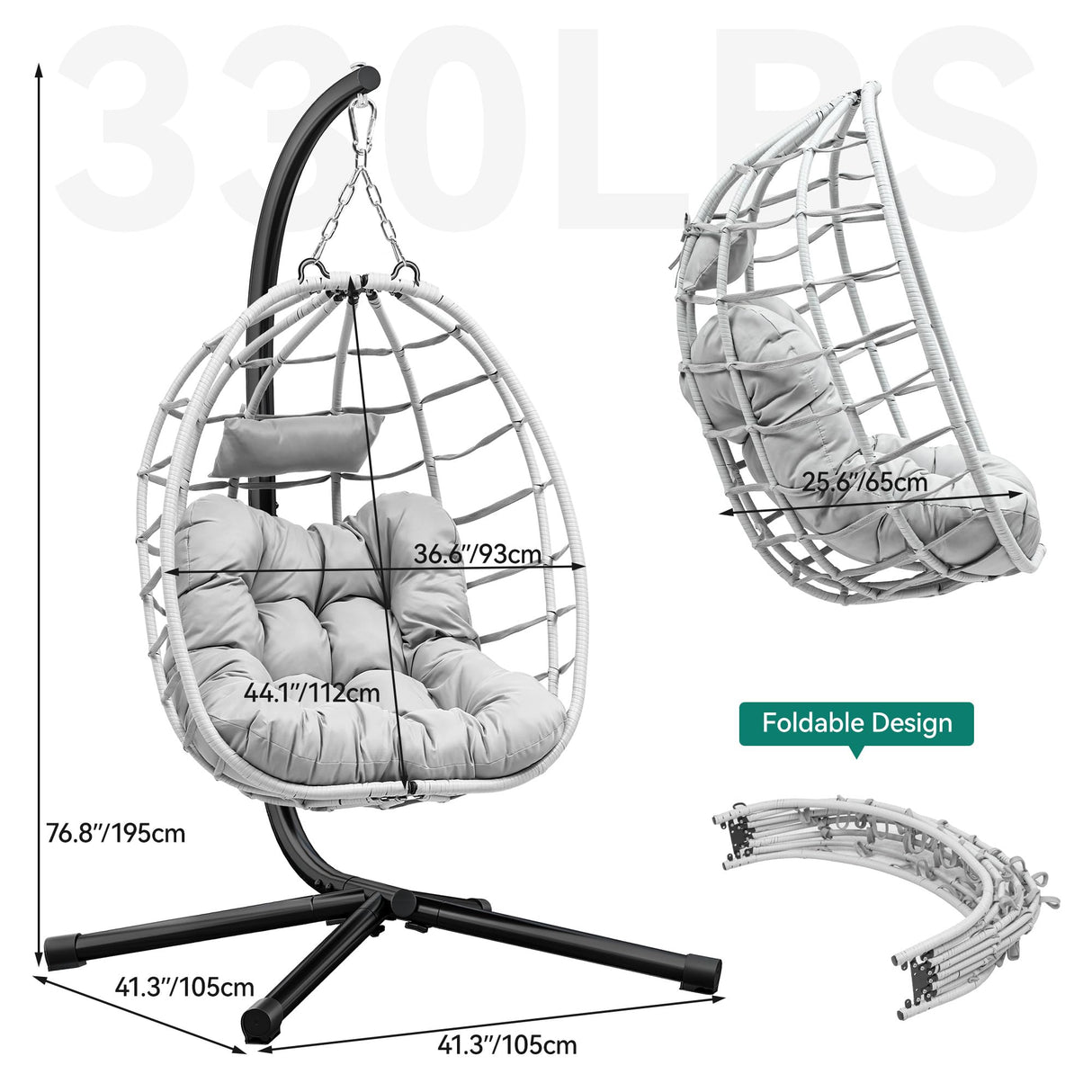 YITAHOME Egg Chair Swing Hanging Outdoor Wicker Hammock Chairs Indoor with Steel Stand UV Resistant Cushion 330lbs for Patio, Bedroom, Garden and Balcony - Gray YITAHOME