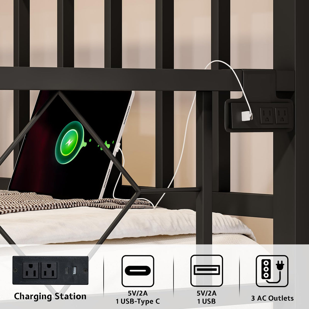 Jocisland DayBed with Charging Station and LED Lights, Metal Twin Daybed with Trundle, Versatile Sofa Bed Frame with Steel Slat Support for Living Room, Bedroom, Guest Room (Pure Black) Jocisland