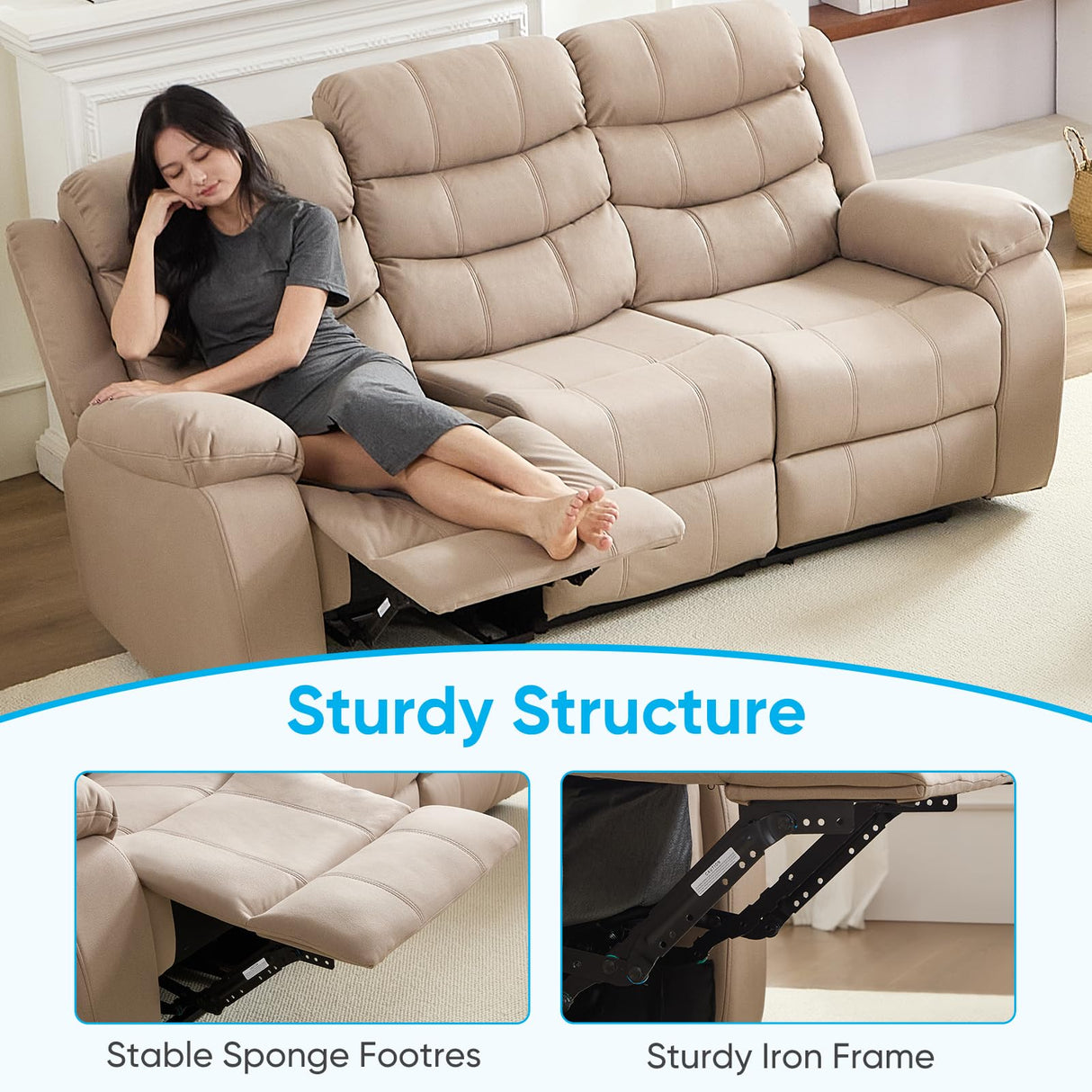 Mjkone Recliner Home Theater Seating, 3 Seater Power Reclining Sofa Chair, Manual Control Recliner Couch with Cup Holders & Flipped Middle Backrest & Table, Modern Couches for Living Room, Beige Mjkone