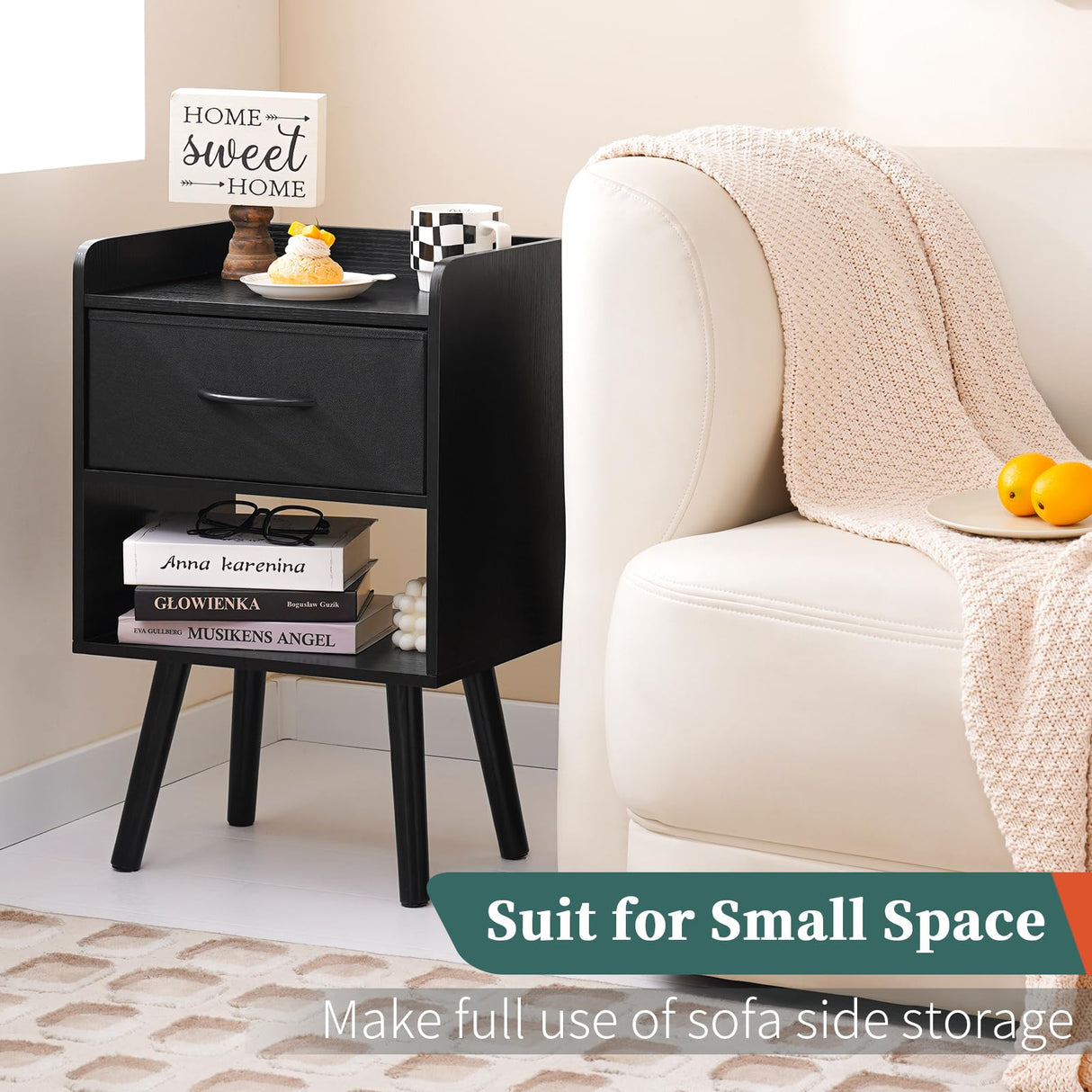 Yoobure Night Stand with Fabric Drawer, Modern Nightstand, Bedside Tables, Mid Century Nightstands with Open Storage Shelf, Wood Bedside Table, Small Night Stands for Bedrooms, 2-Tier Night Table Yoobure