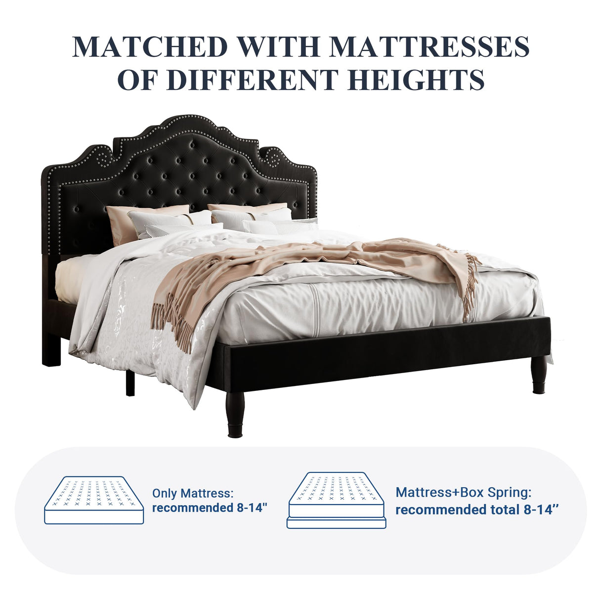 Allewie Queen Velvet Bed Frame with Adjustable Headboard, Wooden Slats, No Box Spring Needed, Easy Assembly, Black Allewie