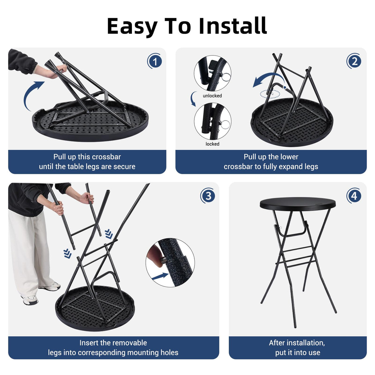 Byliable Cocktail Table 28in High Top Round Folding Indoor Outdoor, Plastic Bar Height Foldable Bistro Tall Table for Party, Patio, Dining Room, Kitchen, Events, Removable Locking Legs, Black Byliable