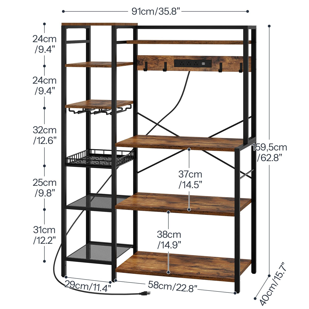 HOOBRO Bakers Rack with Power Outlet, 35.8 Inches Kitchen Microwave Oven Stand Storage Shelf with Goblet Holder, Coffee Bar with LED Lights, and Wire Basket, Rustic Brown and Black BF90UDHB01 HOOBRO