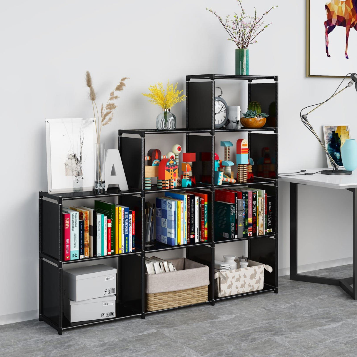 JIUYOTREE Portable Bookcase, 9 Cube Closet Storage Organizer Bookshelf,Clothes Storage for Living Room,Study Room,Bedroom, Black JIUYOTREE