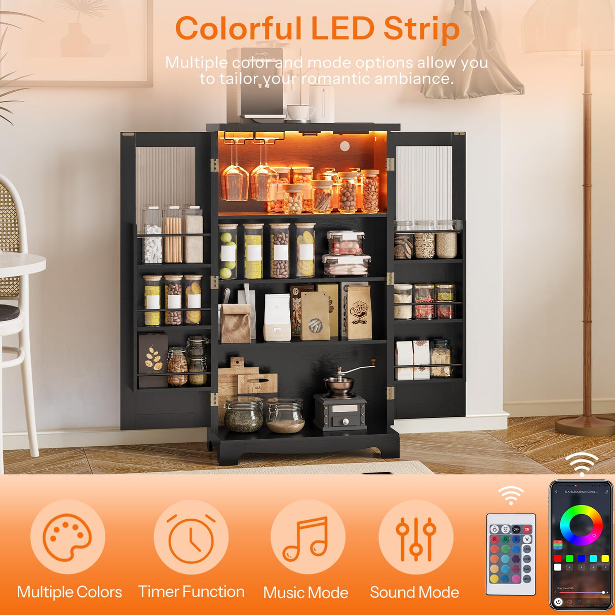 HOOBRO 43" Kitchen Pantry Cabinet, kitchen Storage Cabinet with Power Outlets, Pantry Cabinet with LED Lights and Adjustable Shelf, Pantry Glass Doors Holders, for Kitchen, Dining Room, Black and Gold HOOBRO